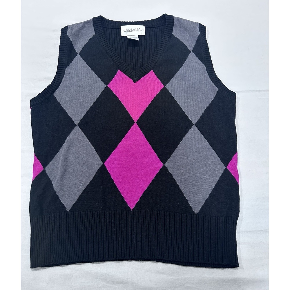 Chadwick's Pink‎ Gray Black Argyle V-neck Sweater Vest 100% Cotton Small Womens
